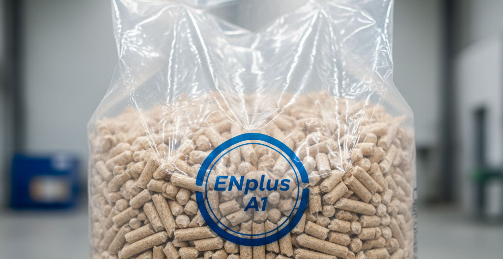 Gros plan sur l'étiquette de certification EN Plus A1 sur un sac de granulés de bois, avec numéro de lot visible