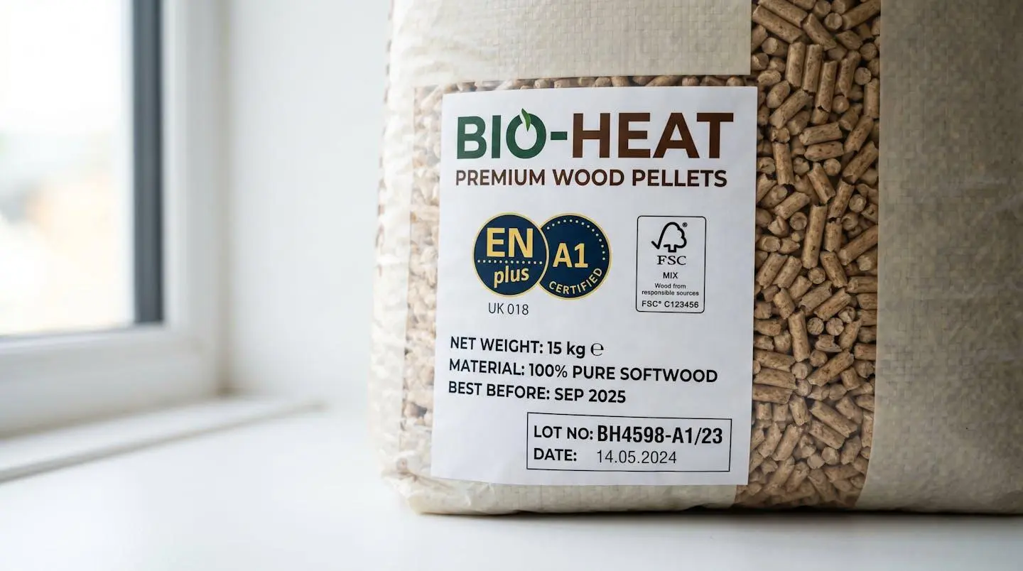 Gros plan sur l'étiquette de certification EN Plus A1 sur un sac de granulés de bois, avec numéro de lot visible