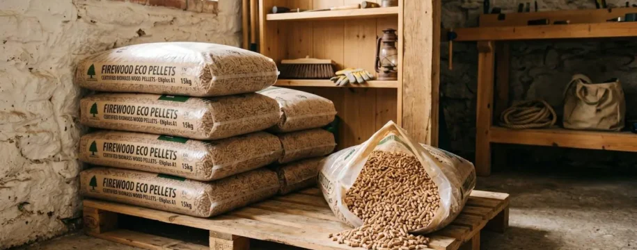 Sacs de granulés de bois certifiés EN Plus A1 empilés dans un local de stockage propre et sec