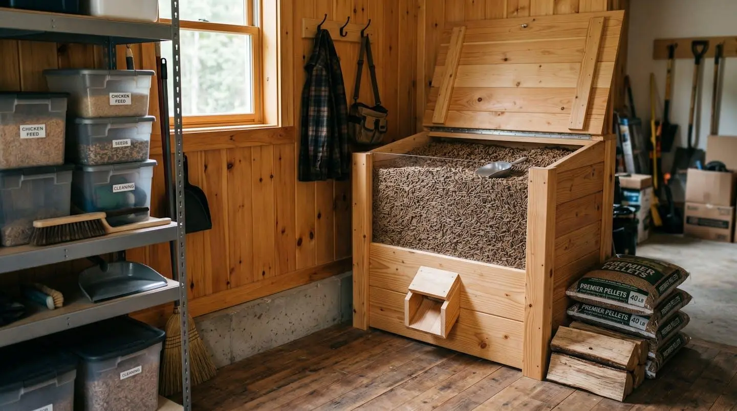 Local de stockage domestique avec granulés de bois en vrac dans un container étanche, intérieur sec et aéré