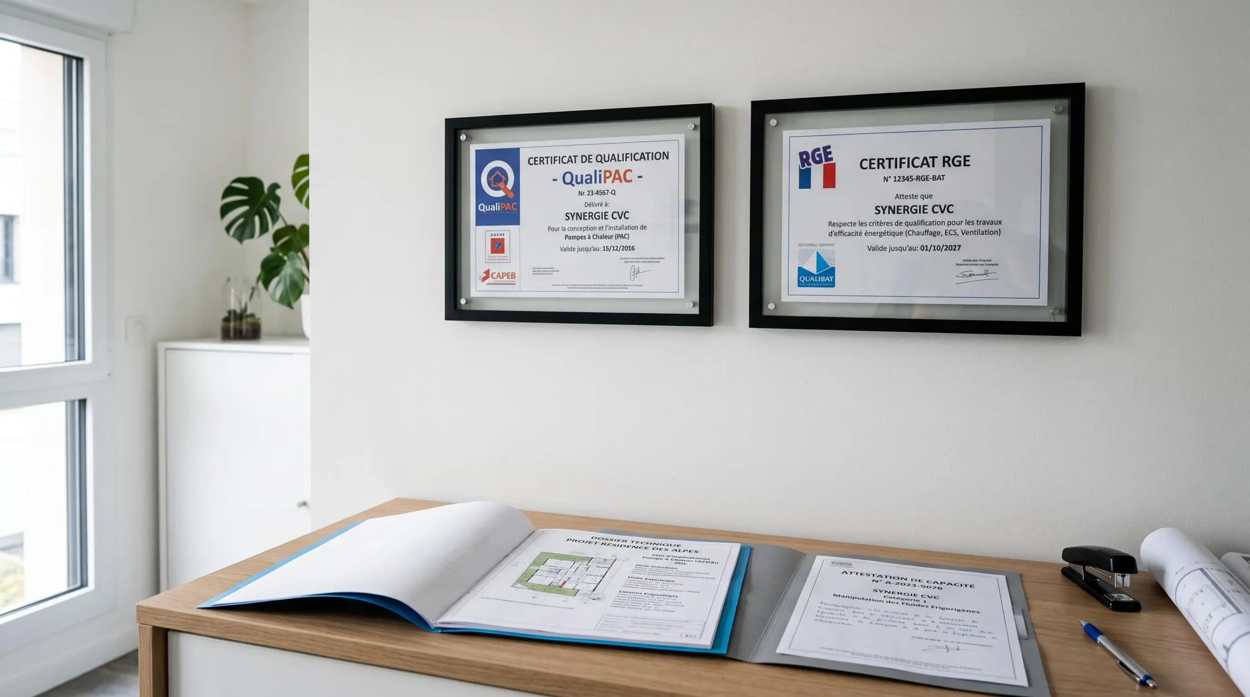 Certificats professionnels QualiPAC et RGE encadrés sur le mur d'un bureau d'entreprise de climatisation, avec dossiers techniques de plans d'installation au premier plan sur le bureau