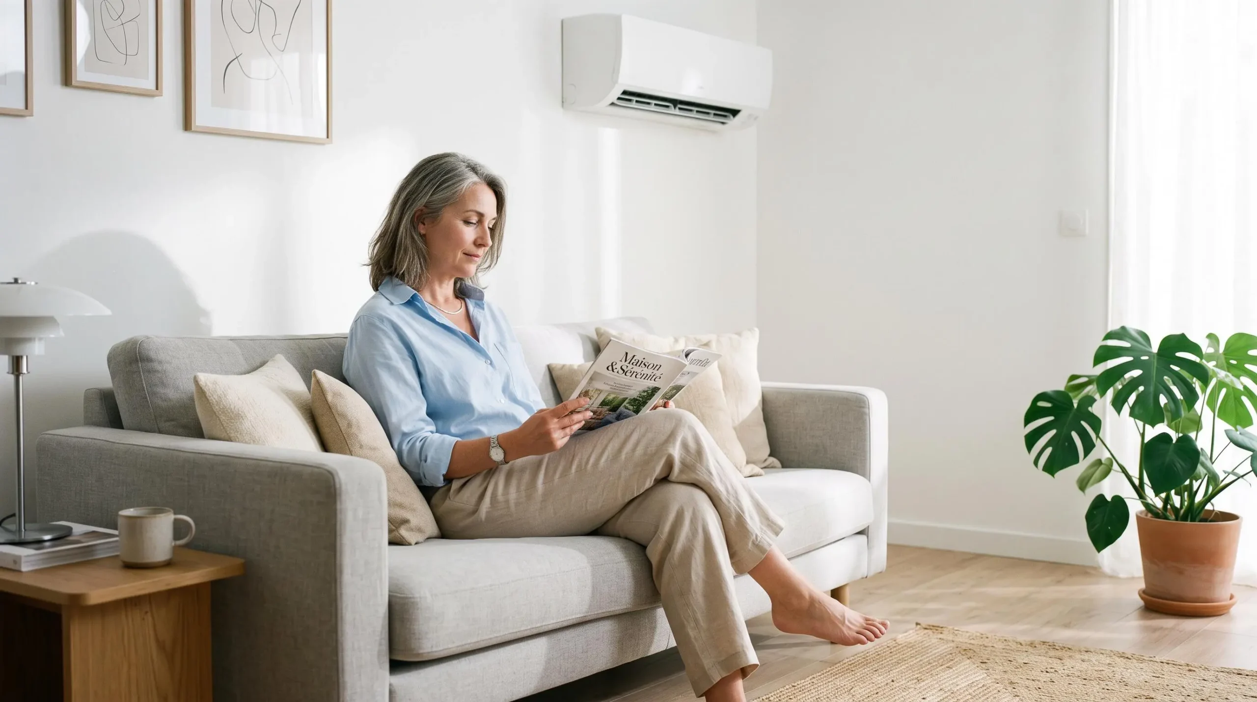 Femme assise confortablement dans son salon contemporain, lisant un magazine, avec unité intérieure de climatisation murale visible en arrière-plan sur le mur