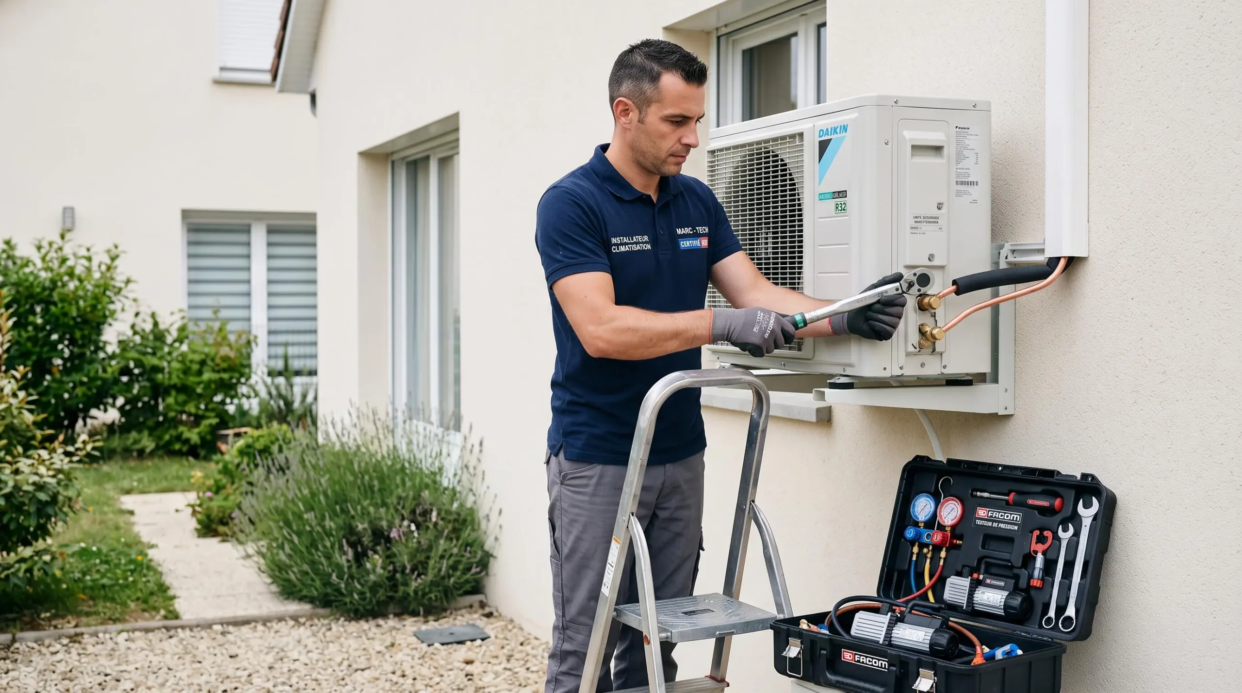 Technicien professionnel installant une unité extérieure de climatisation split sur la façade d'une maison individuelle, raccordant les liaisons frigorifiques en cuivre avec outils spécialisés visibles au sol